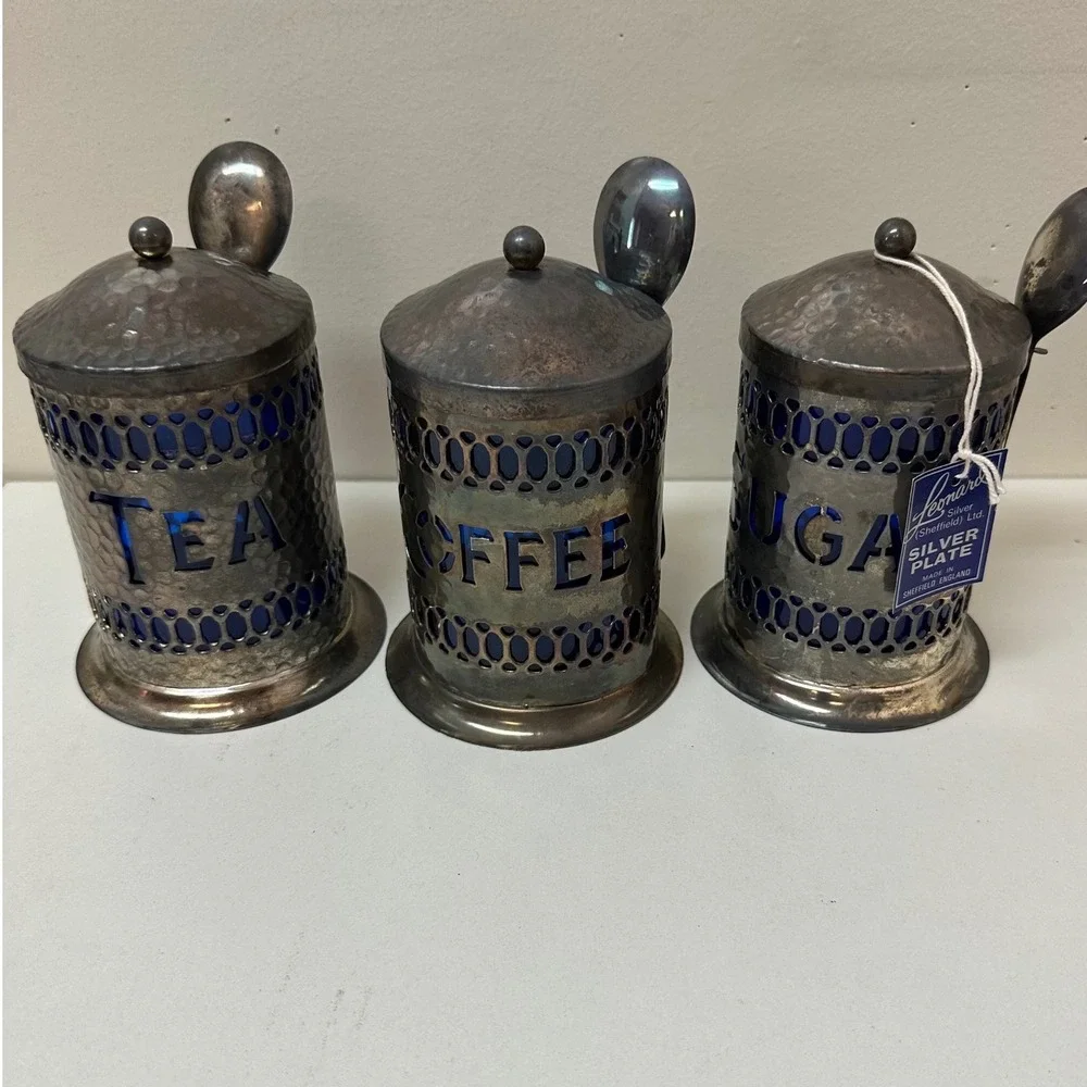 Leonard Silver Sheffield Cobalt Blue Glass Tea Coffee Sugar Canister Set 3pc